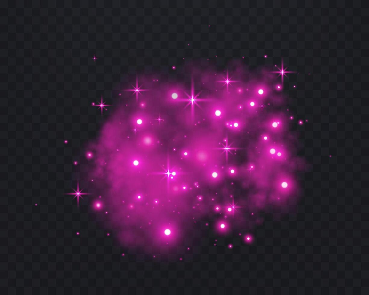 Pink glittering dots, particles, stars magic sparks. Dust cloud flare light effect. Red luminous points with smoke. particles on dark background vector