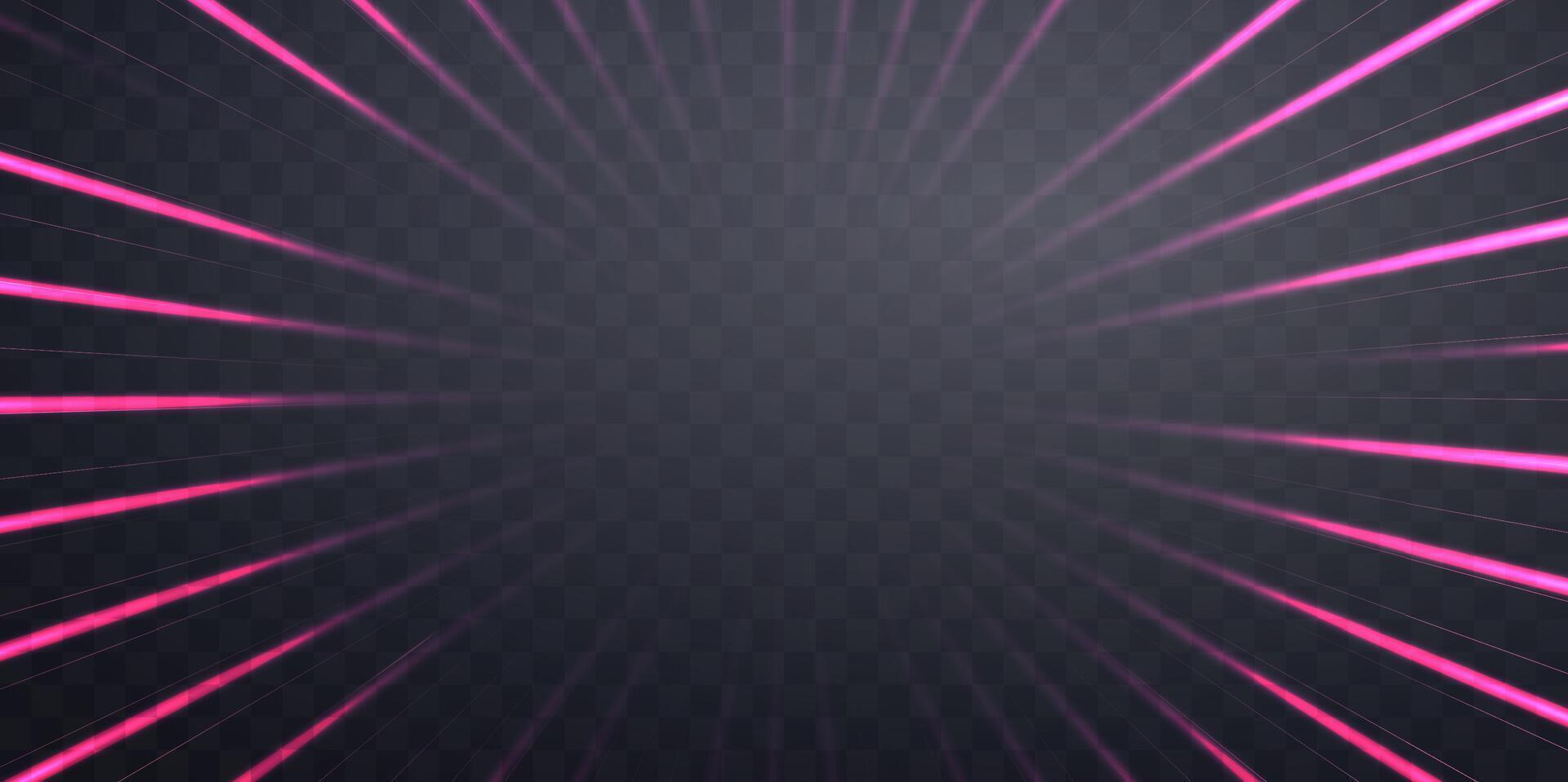 Radial speed rays, light neon flow, zoom in motion effect, pink glow speed lines, colorful light trails vector