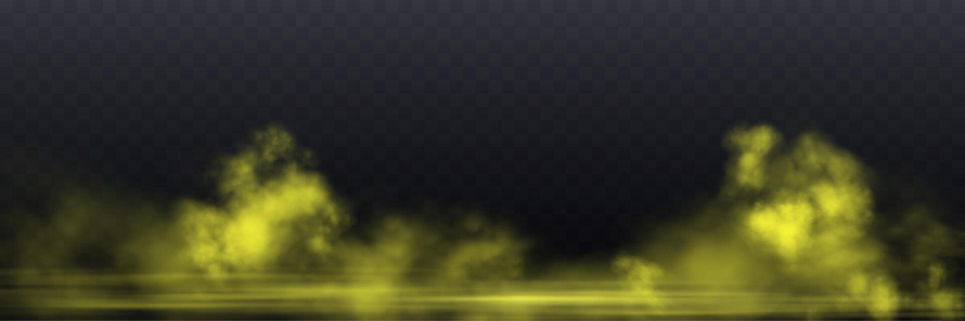 Realistic yellow smoke or haze, overlay effect on a dark background. Hot fire and flame, magic fog, vapor on floor vector