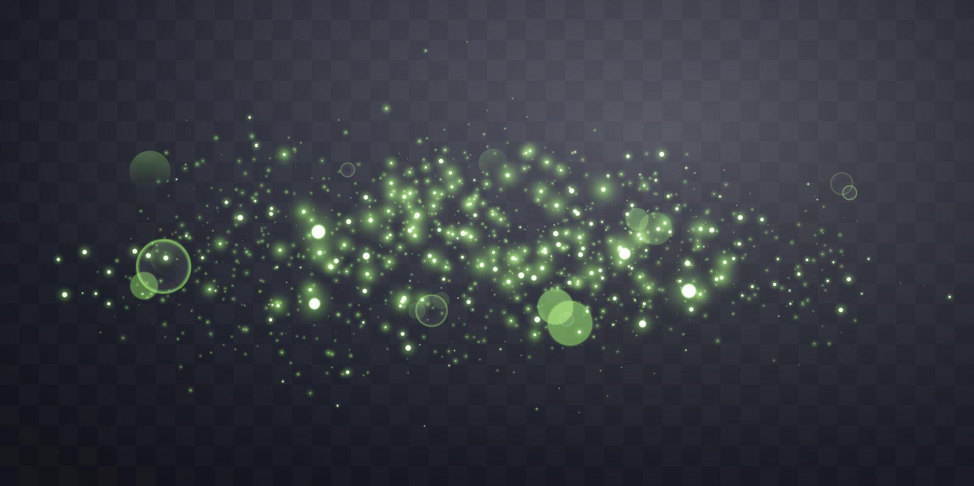 Green glittering dots, particles, stars magic sparks. Glow flare light effect. Green luminous points. particles vector