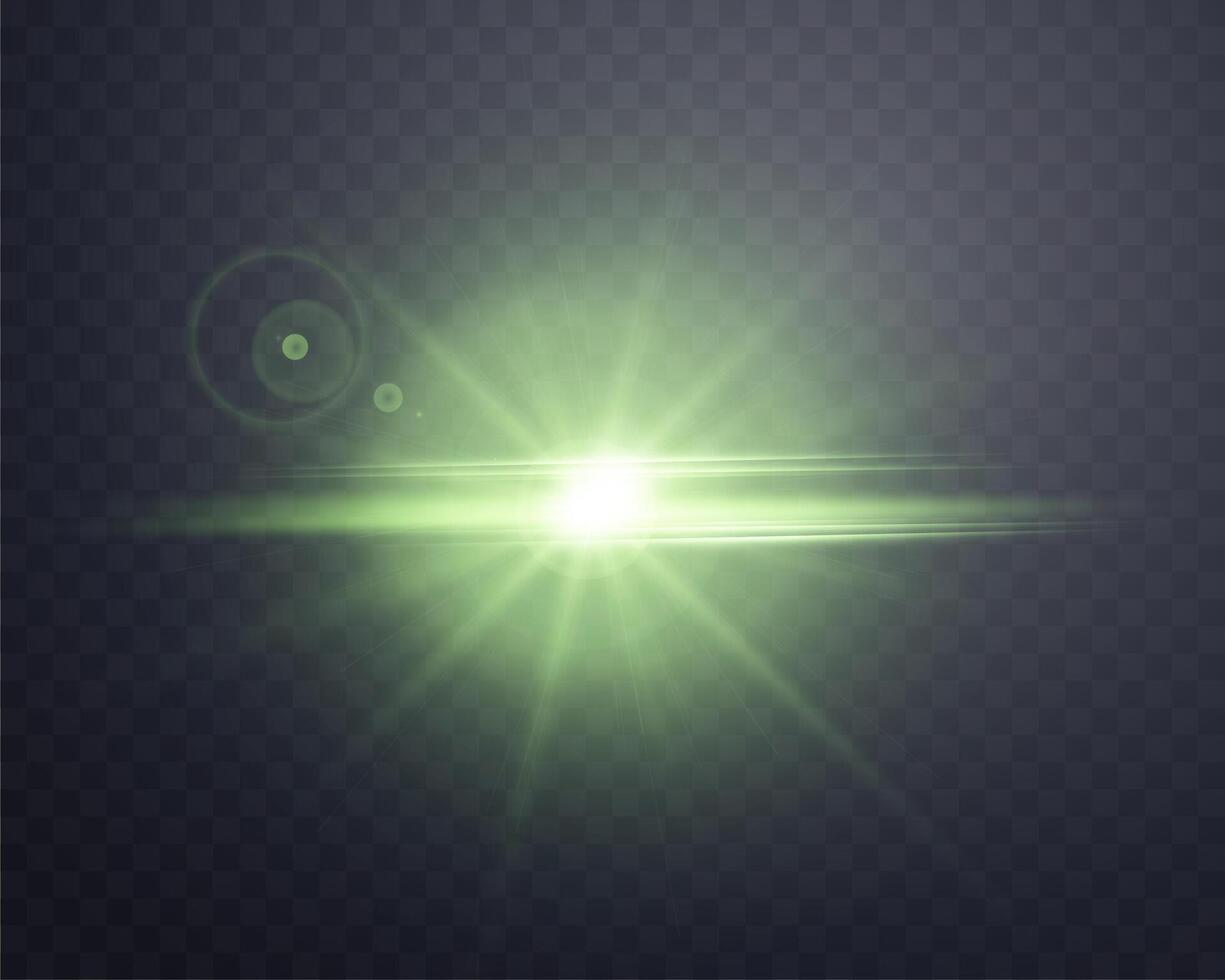 Green sunlight lens flare, sun flash with rays and spotlight. Glowing burst explosion on a dark background. illustration. vector