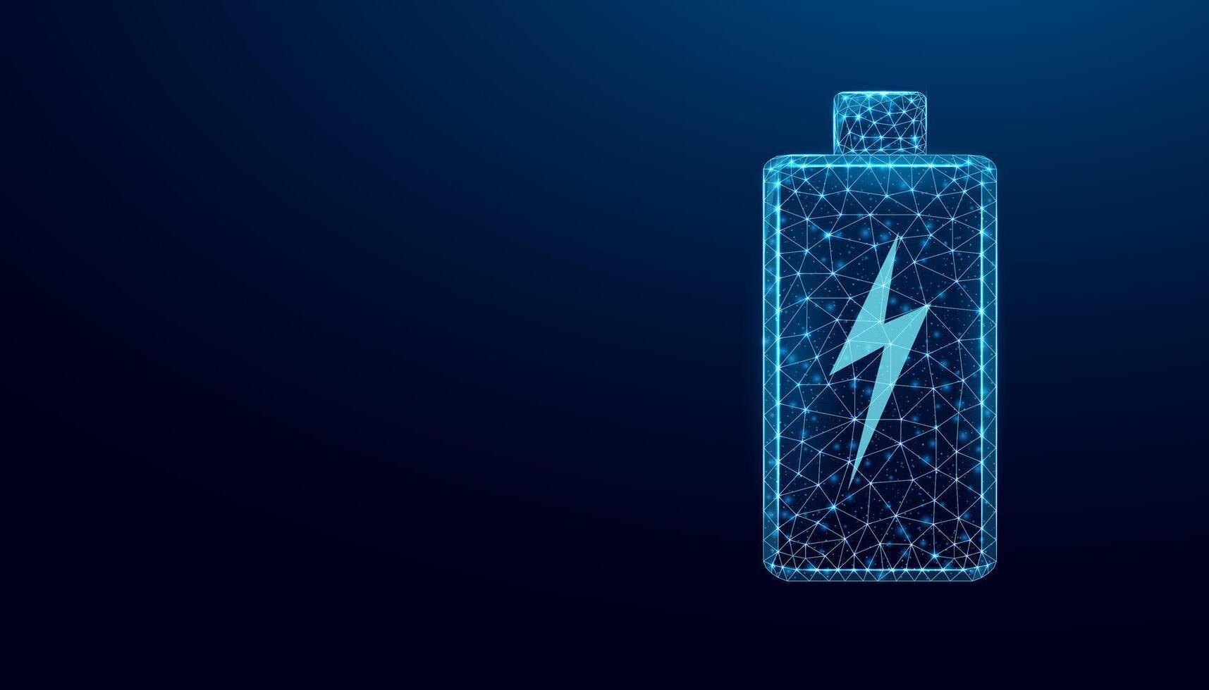 Futuristic electric battery charging icon. Discharge or lightning in low poly design. Power neon light energy storage, high voltage. Technology polygonal wireframe illustration. vector