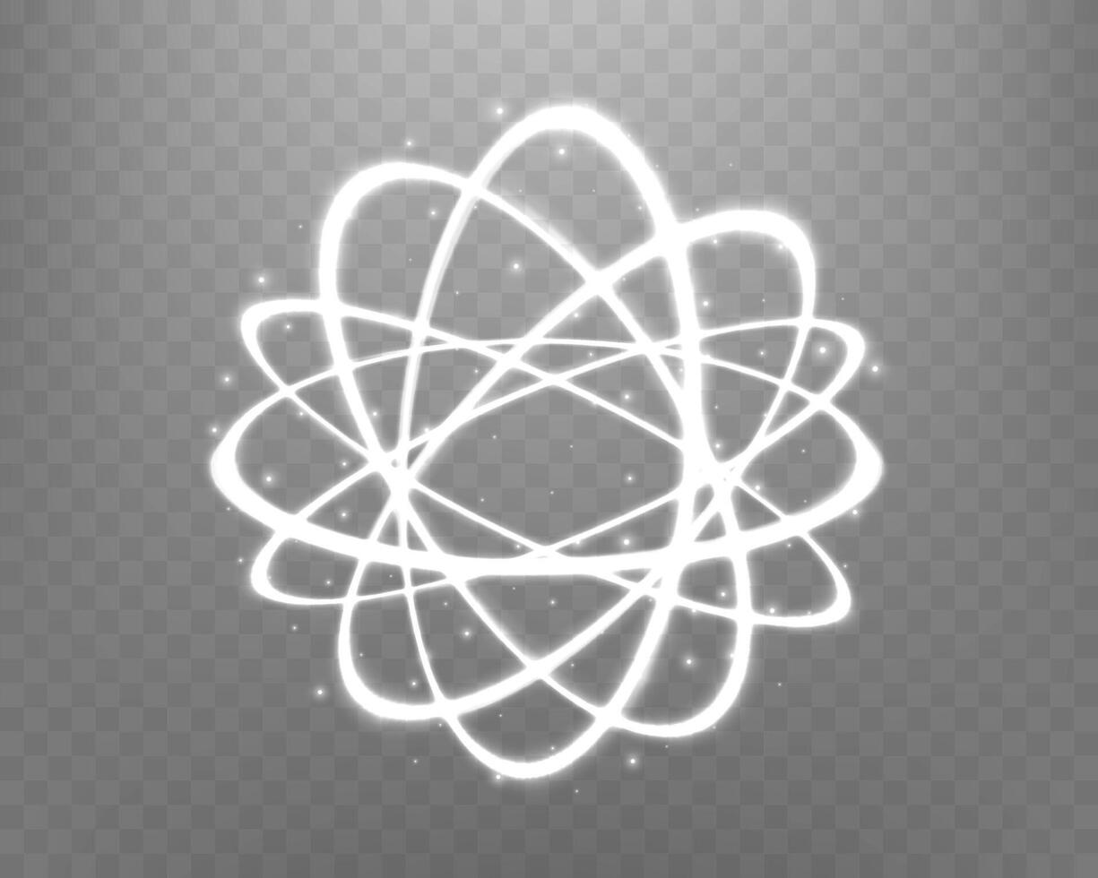 Atom particle, light effect glowing silver magic rings. Neon realistic energy swirl. Abstract light effect on . vector
