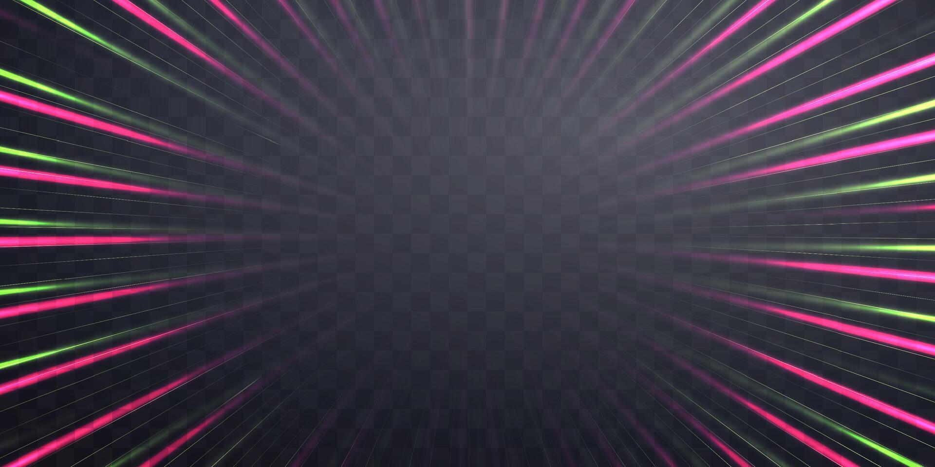 Radial speed rays, light neon flow, zoom in motion effect, pink and green glow speed lines, colorful light trails, perspective stripes Abstract background, illustration. vector