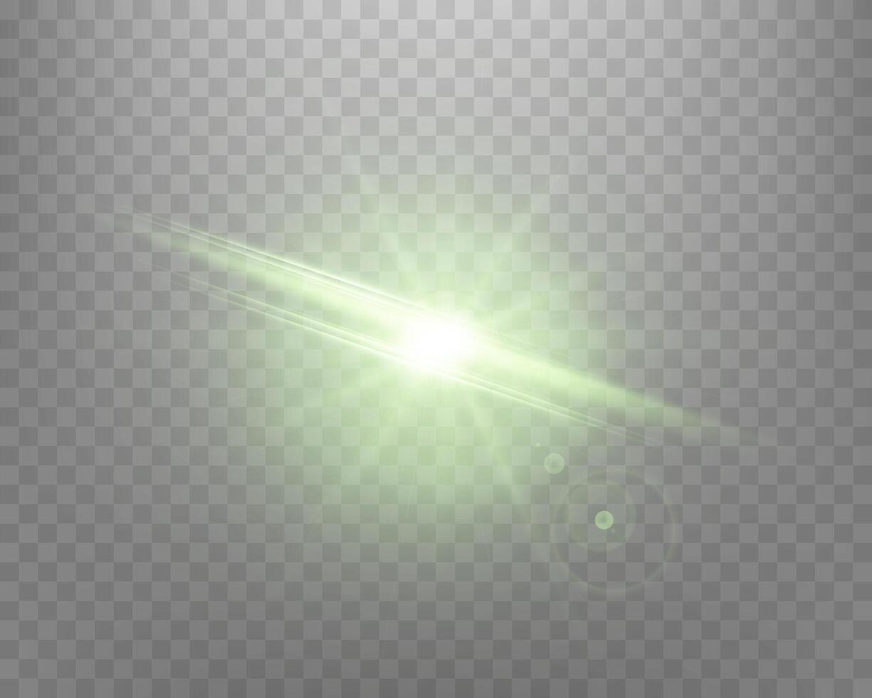 Green sunlight lens flare, sun flash with rays and spotlight. Glowing burst explosion on a transparent background. illustration. vector