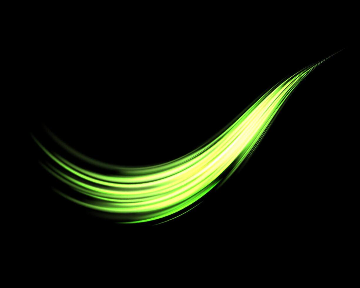 Glowing green lines. Neon realistic energy speed. Abstract light effect on a dark background. illustration. vector