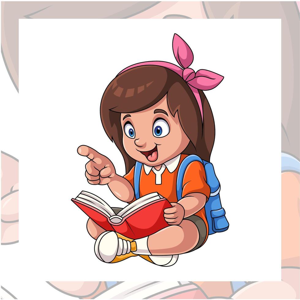 Cartoon little girl student reading a book vector