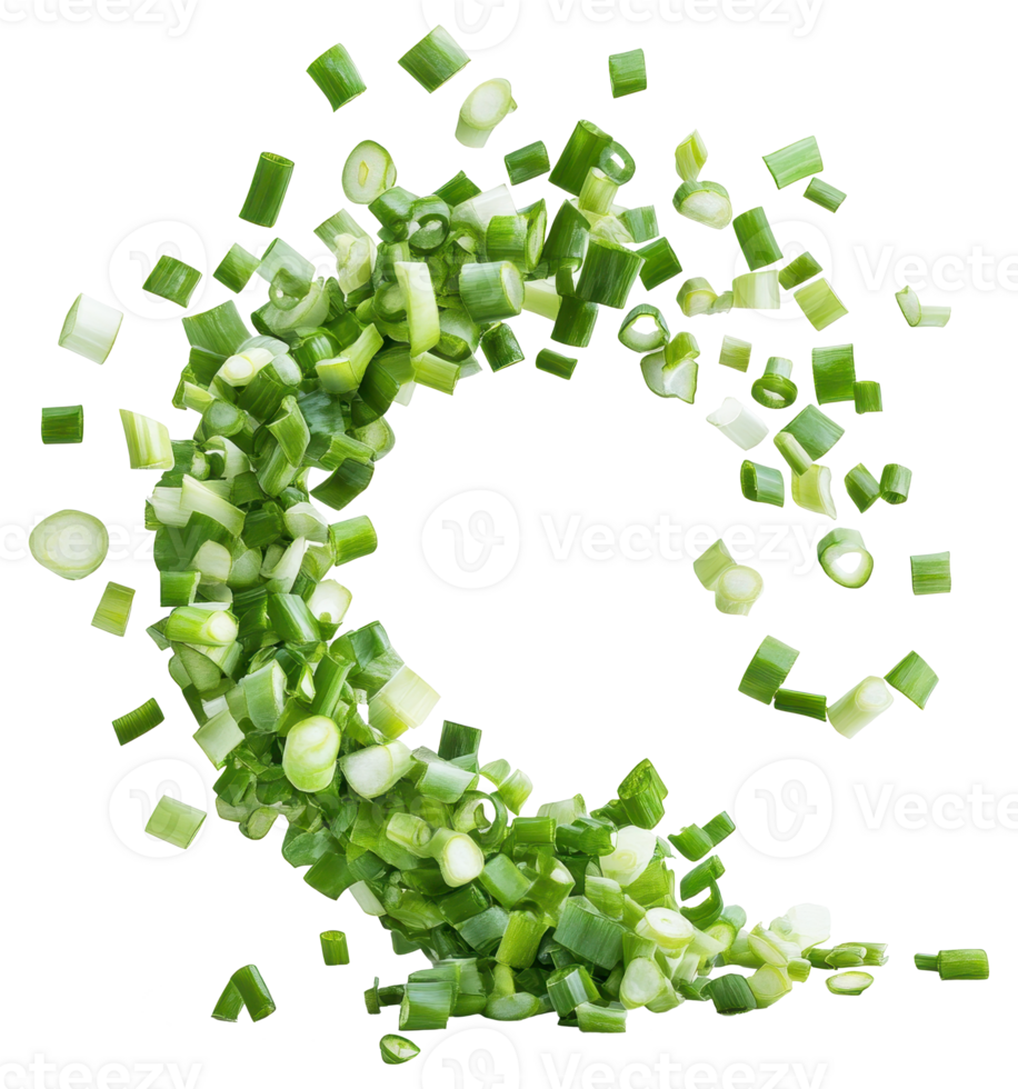 Fresh Chopped Green Onions in Dynamic Motion Culinary Food Ingredient Vibrant Spring Onion Pieces png