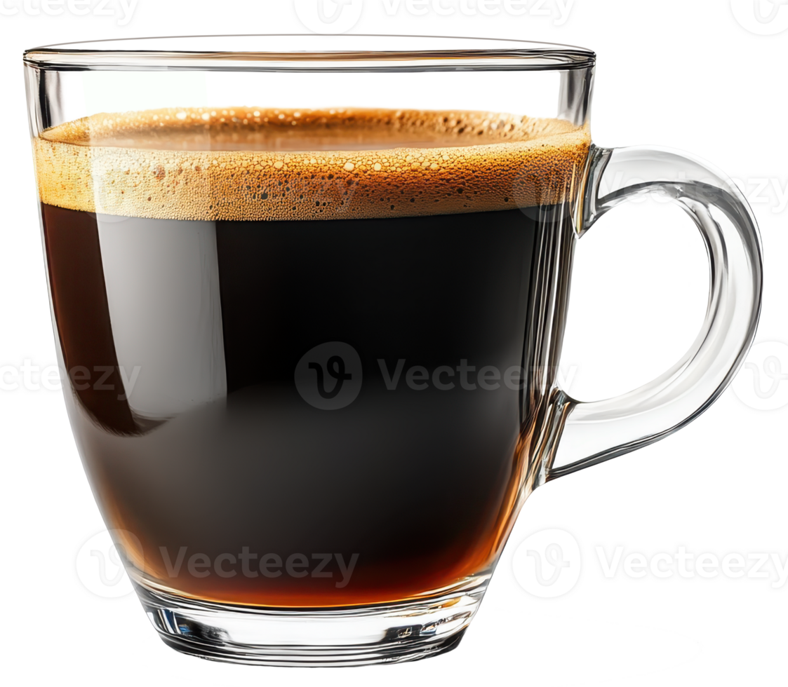 Aromatic Dark Coffee in a Clear Glass Mug Hot Beverage Caffeine Drink Rich Brew png