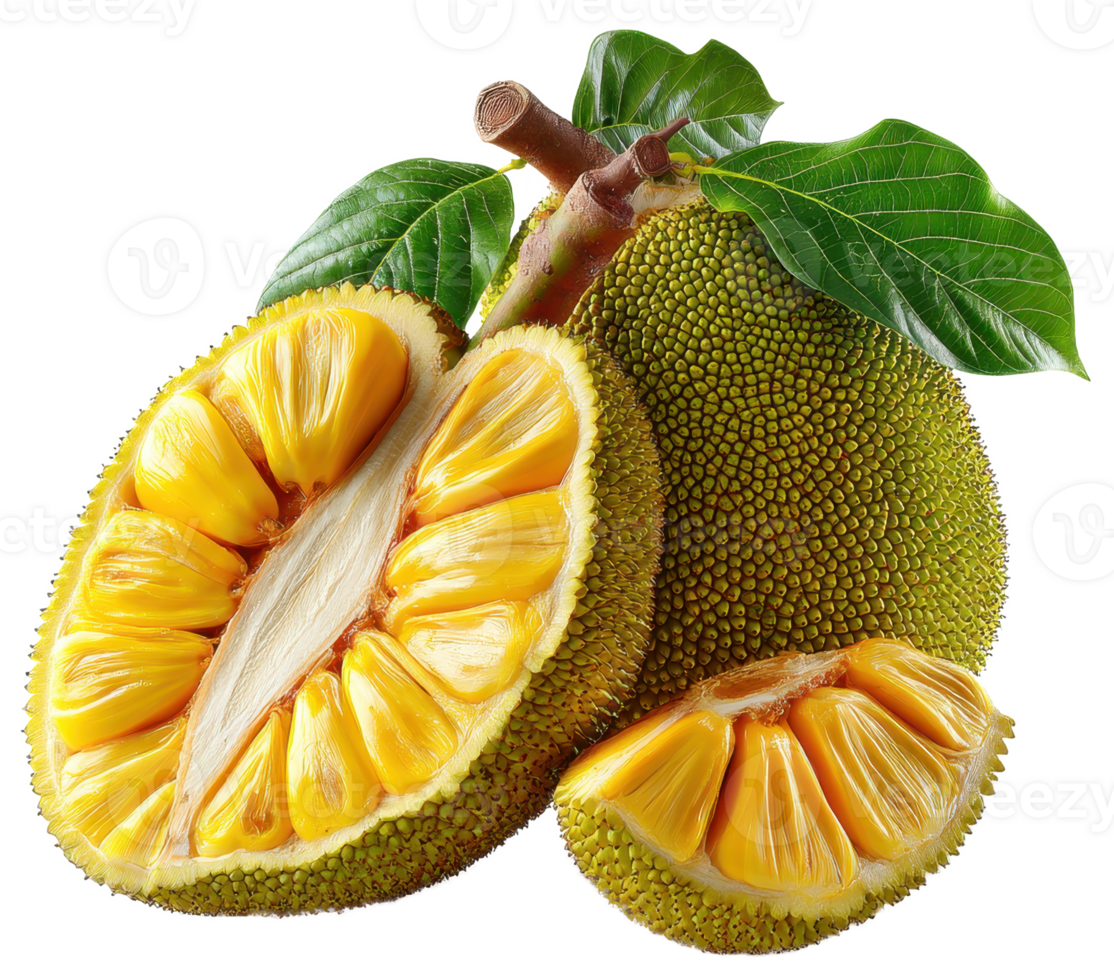 Ripe Jackfruit Halves and Whole Fruit with Green Leaves Fresh Tropical Produce png