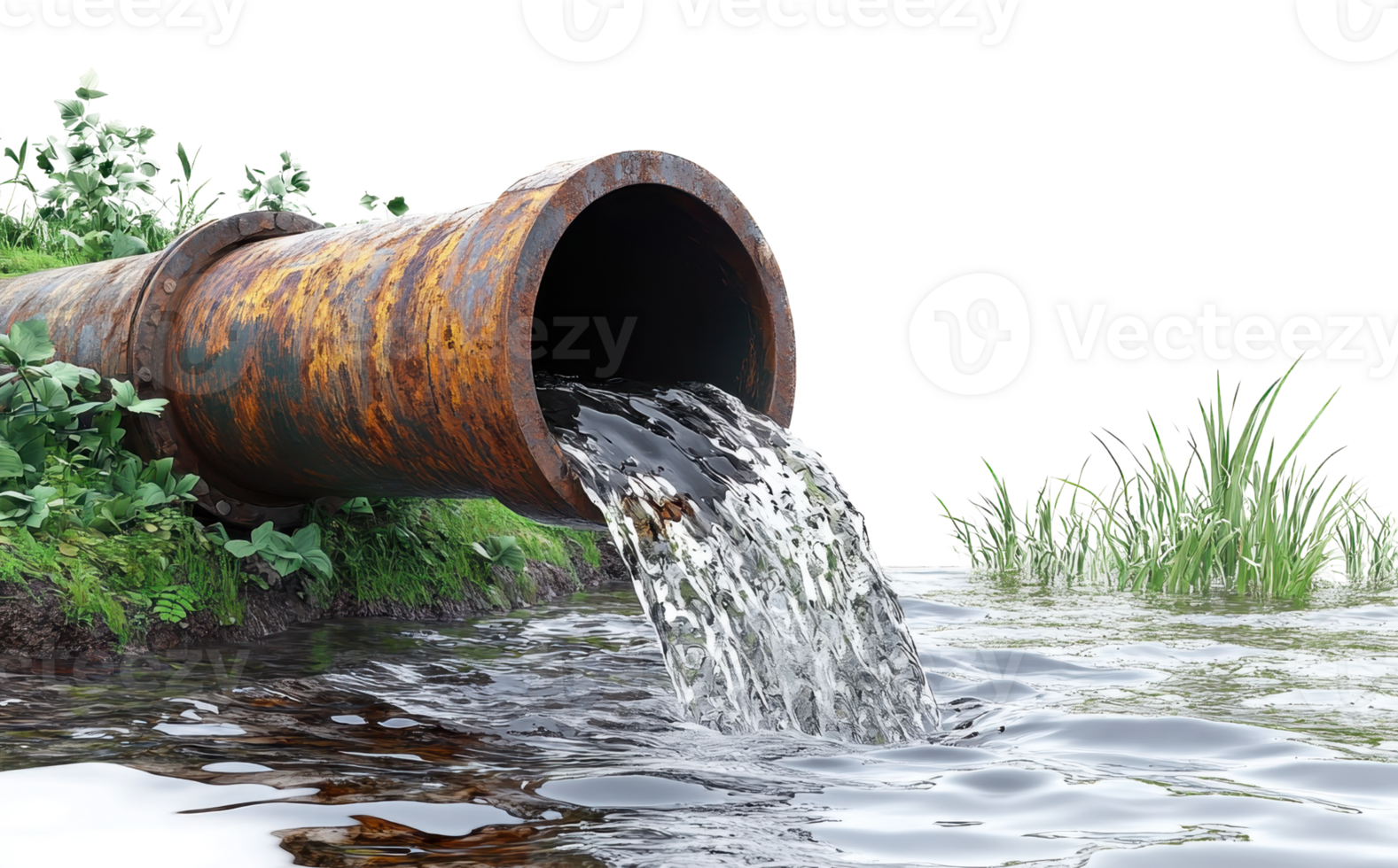 Rusty Industrial Pipe Discharging Wastewater into Polluted Stream png