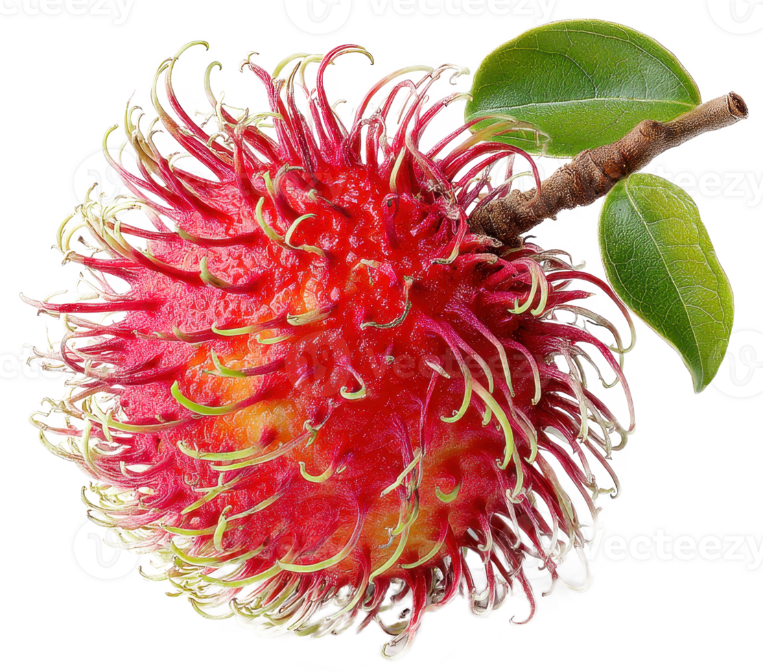 Fresh Red Rambutan Fruit with Green Leaves Close up Studio Shot of Tropical Asian Produce png