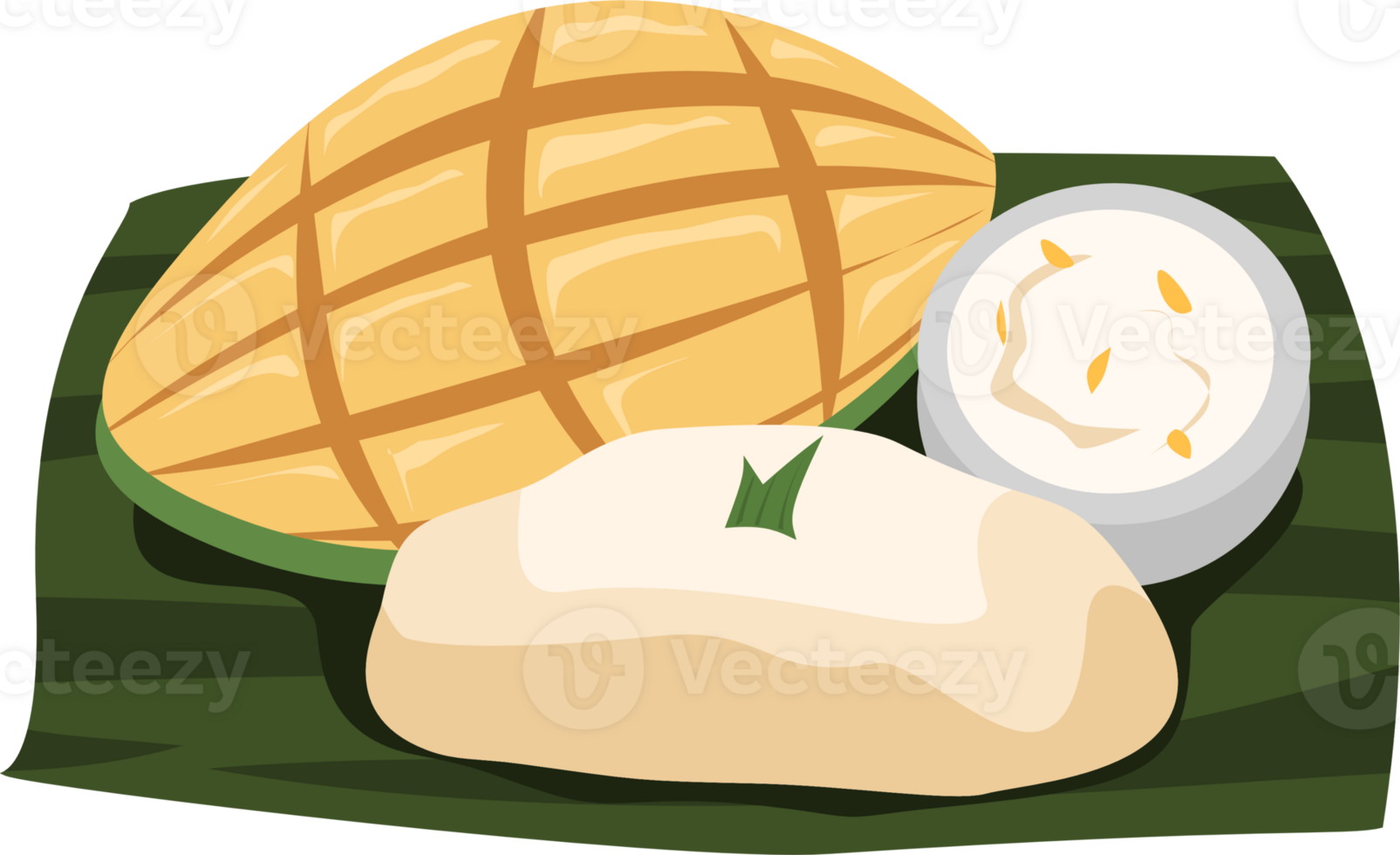 Mango sticky rice on banana leaf png