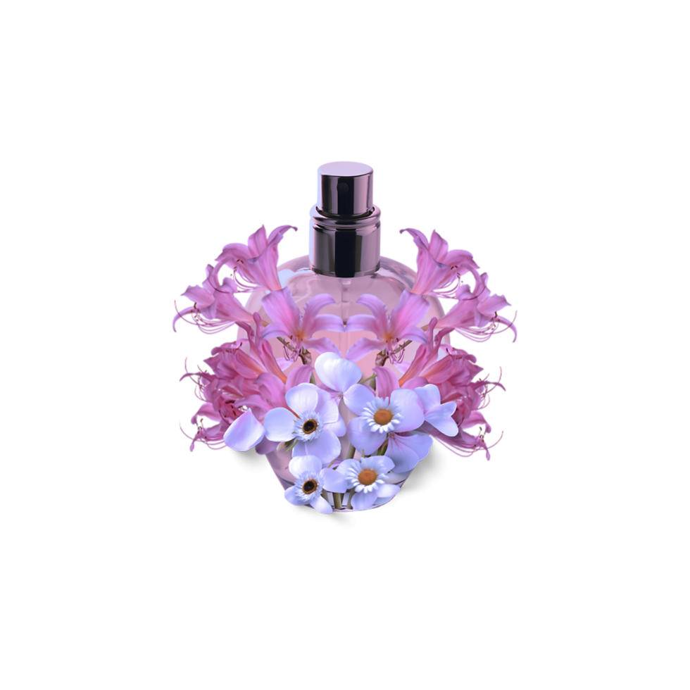 Floral Perfume Bottle with Blooming Flowers png