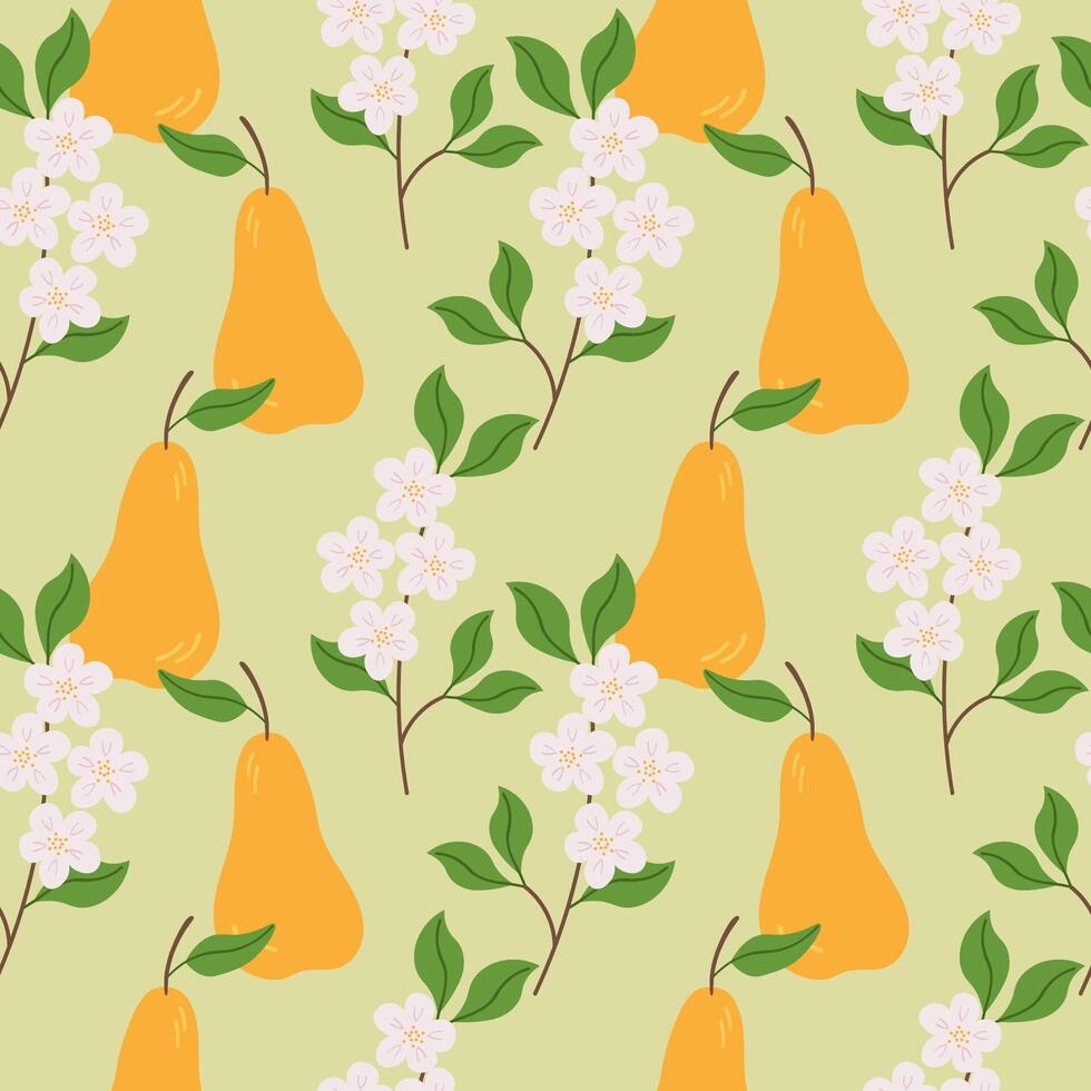 Seamless repeating background with Pear fruits and flowers. Hand drawn abstract patterned rapport with flowered punch ball for textile, wrapping, packing, print, paper, card, label. Food and nature vector