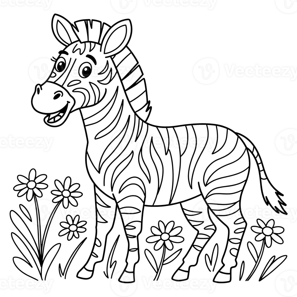 Cute Baby Zebra Cartoon Illustration for Childrens Coloring Page. Black and White Wildlife Art with Flowers and Grass png
