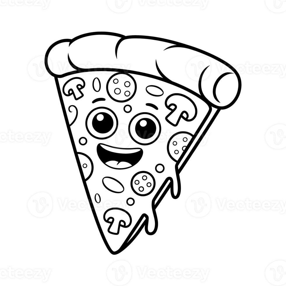 Cute Pizza Slice Cartoon Illustration. Funny Coloring Page Design for Kids and Pizza Lovers. Black and White Doodle Art with Cheesy Toppings png
