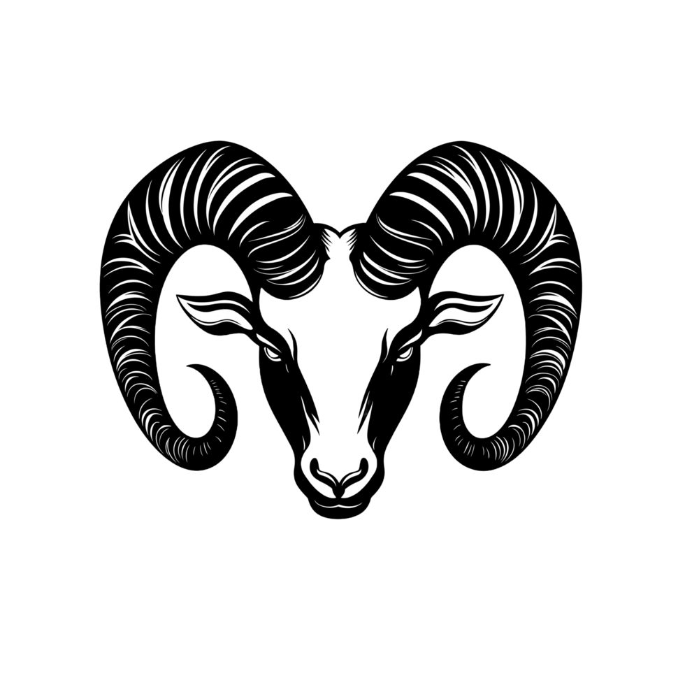 Bold Ram Head Illustration. Black and White Icon of a Horned Zodiac Capricorn Animal png