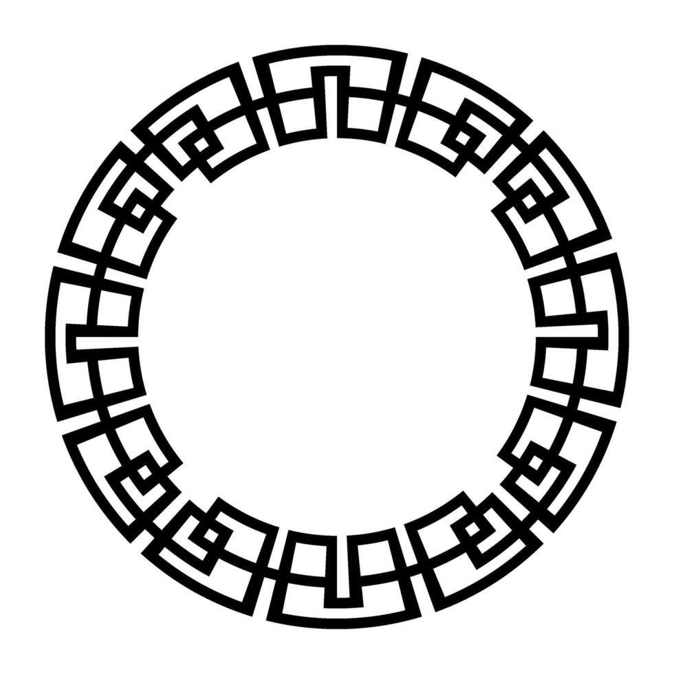 Round frame with greek key meanders. Circular Geometric frame in the form of circular pattern. Celtic round frame. Monochrome element for design. Oriental round frame. Template for laser vector