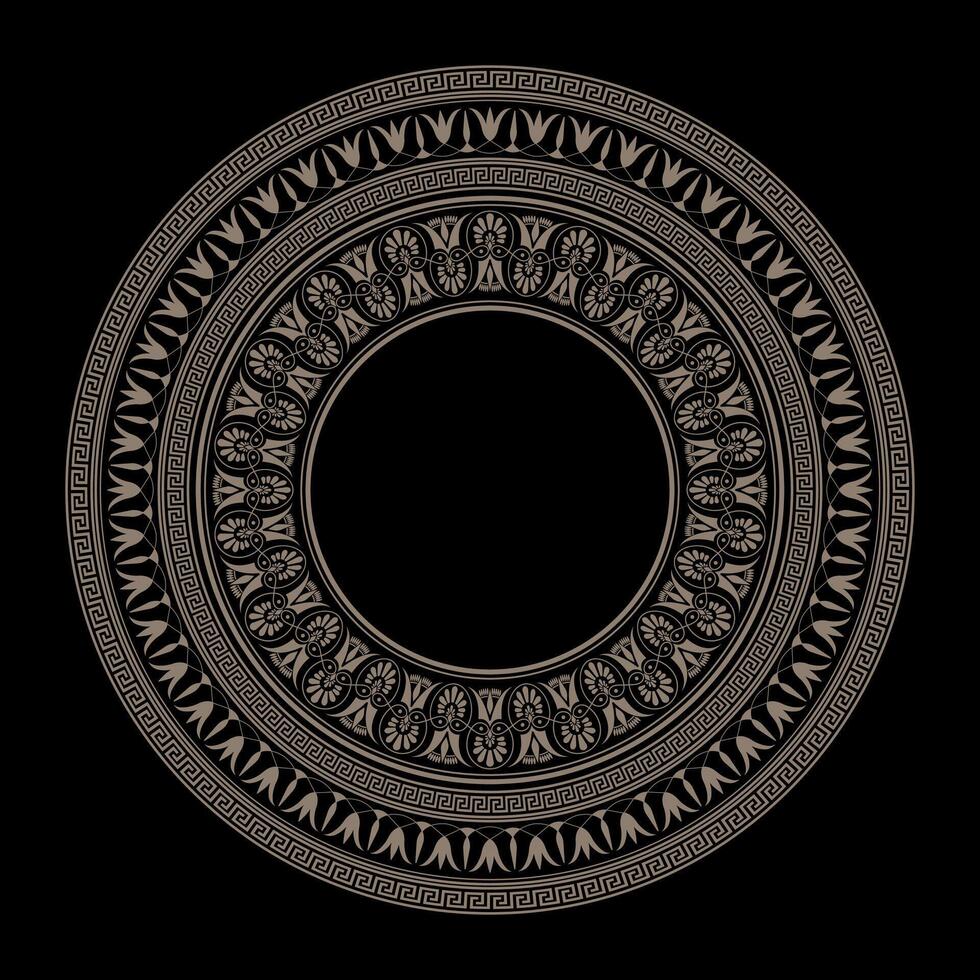 Round golden classic frame on black background. Greek floral meander frame plate. Patterns of Greece, ancient Rome. Circle european porcelain plate. Typical egyptian, greek, cinesi motives vector