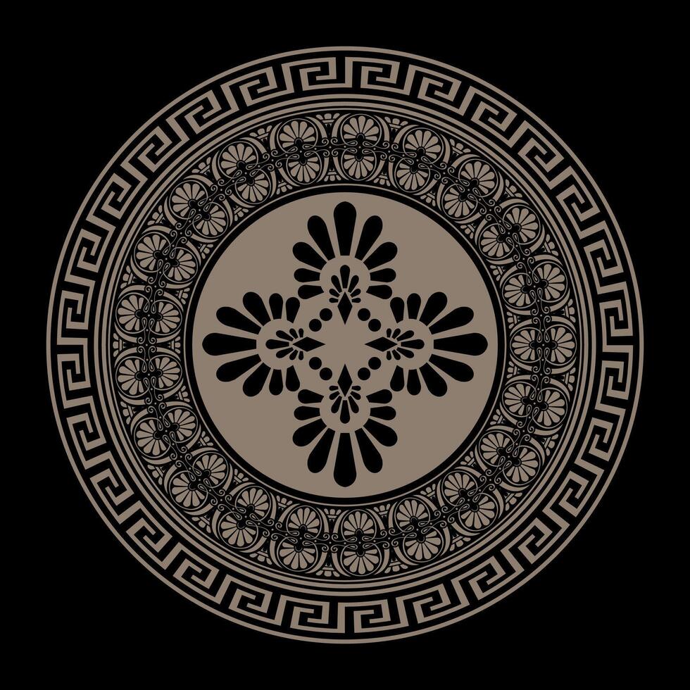 Golden seamless classic greek round floral meander frame. Golden Greek meander plate. Patterns of Greece and ancient Rome. Circle european border. Typical egyptian, assyrian, greek motive for plate vector