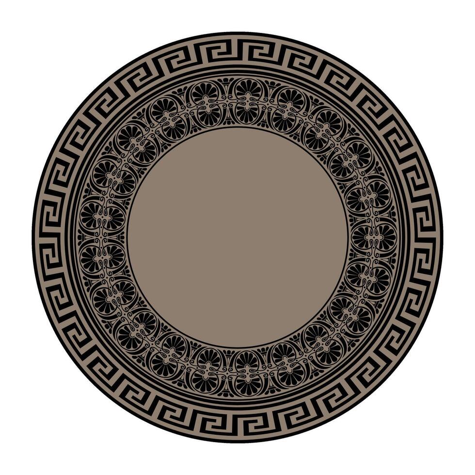 Golden classic Greek round ornament. Round frame with greek ornament. Circle of Ancient Greece, Roman Empire. Byzantine, egyptian, assyrian, greek motives. For textile, embroidery, ceramic vector
