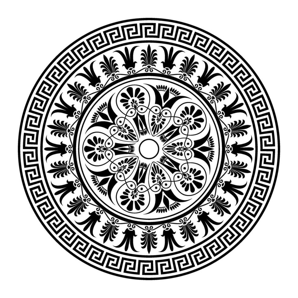 Greek round ornament. Greek meander key plate. Circle european border frame. Patterns of Greece, ancient Rome. Typical egyptian, assyrian, greek motive for engraving, embroidery, porcelain, plate vector