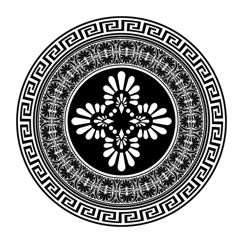 Greek black and white round ornament plate. Monochrome seamless greek round floral meander frame. Pattern of Greece, ancient Rome. Circle european border. Typical egyptian, assyrian, greek motive vector