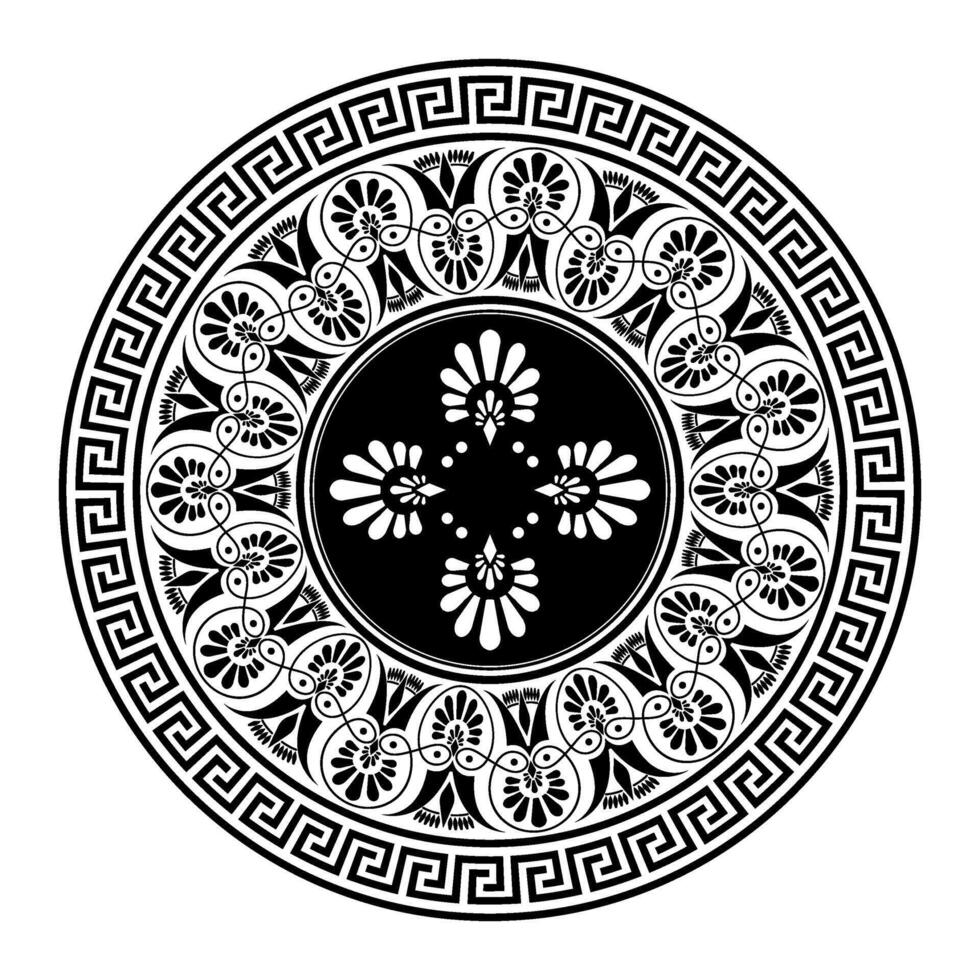 Decorative round ornament with Greek meander and Chinese pattern. Typical egyptian, assyrian, greek motives. Template for textile, embroidery, ceramic, porcelain, engraving, wooden furniture, forging. vector