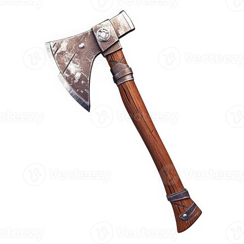 Glossy icon of a rustic hand axe with wooden handle for design projects. png