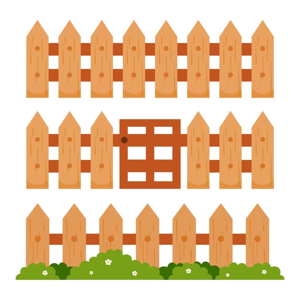 Wood fence with grass. Wooden fence gate door illustration vector