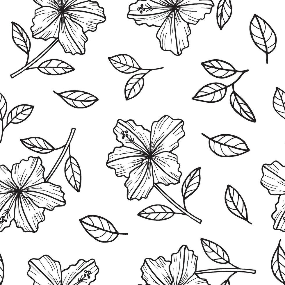 Seamless pattern of flowers and leaves in hand-drawn style on a white background. vector