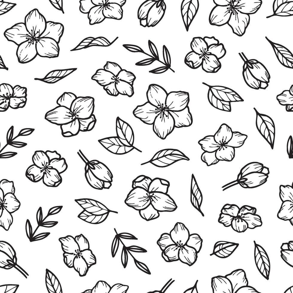 Seamless pattern of cherry flowers and leaves. Hand-drawn illustration on a white background. vector