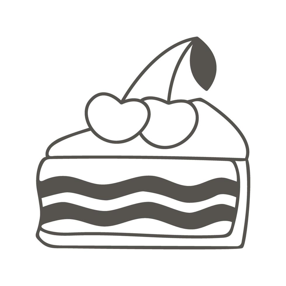 Piece of cream cake with cherries, hand drawn ink illustration vector
