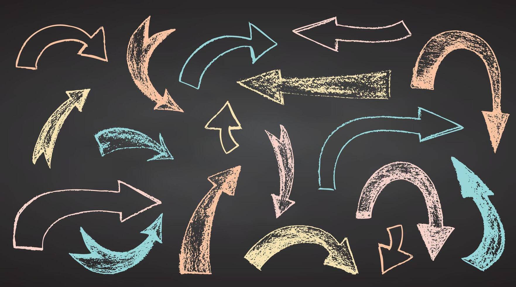 Set crayon hand drawn pastel arrows in different direction on black chalkboard Chalk, brush drawing bold elements Collection doodle thick geometric collage shapes Brutal contemporary figures vector