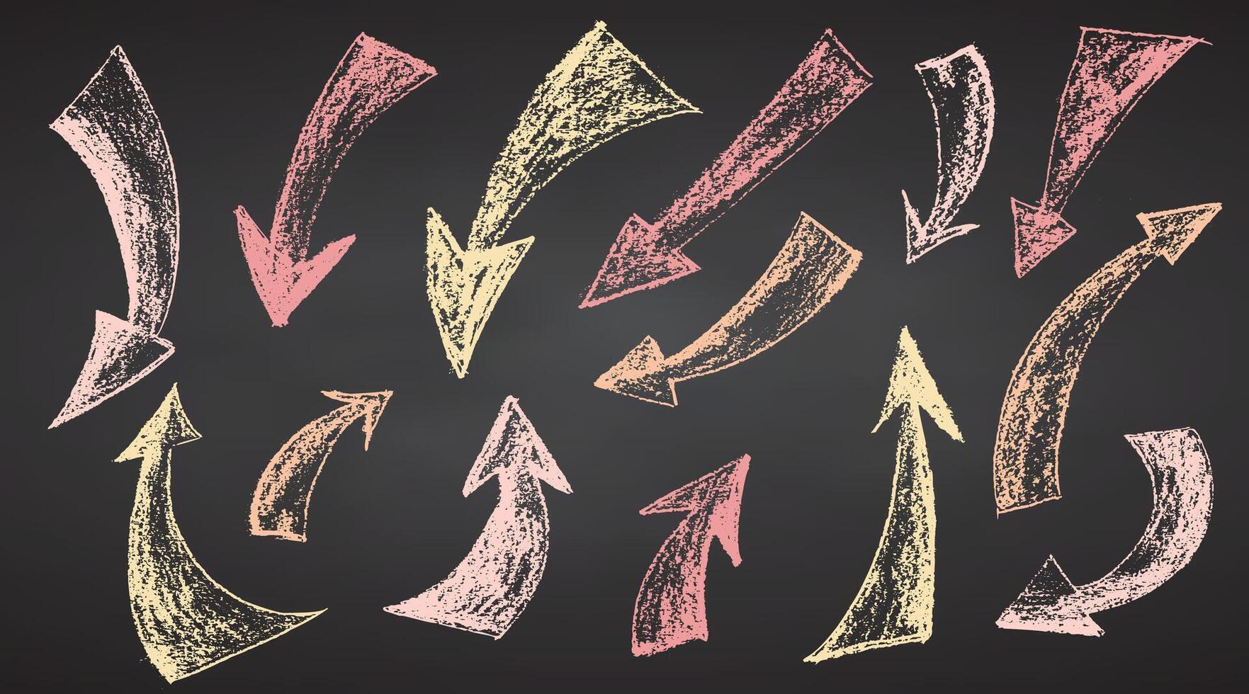 Set crayon hand drawn pastel arrows in different directions on black chalkboard Chalk, brush drawing bold elements Collection doodle thick geometric collage shapes Brutal contemporary figures Vectors