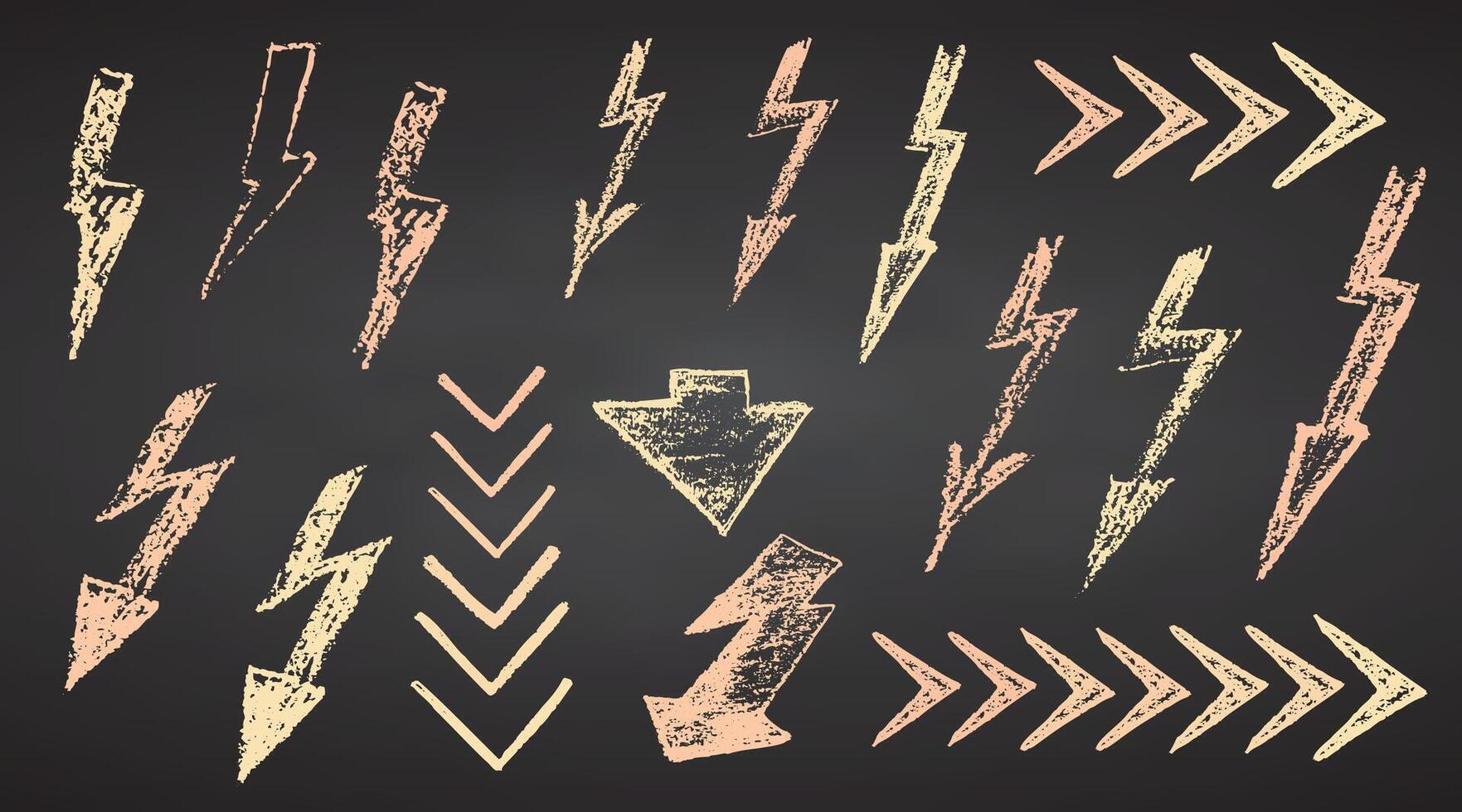 Set crayon hand drawn pastel arrows in different directions on black chalkboard Chalk, brush drawing bold elements Collection doodle thick geometric collage shapes Brutal contemporary figure vector