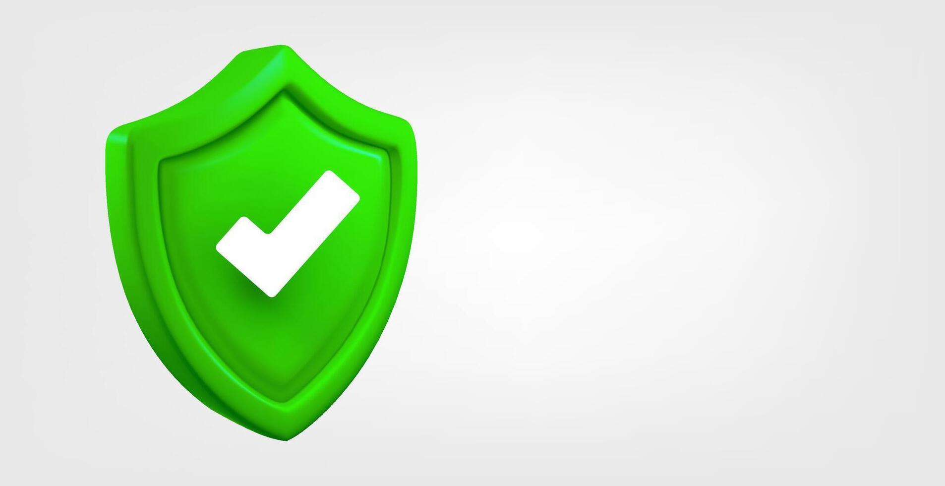 Green shield with check mark isolated on grey background. 3d banner with copy space vector