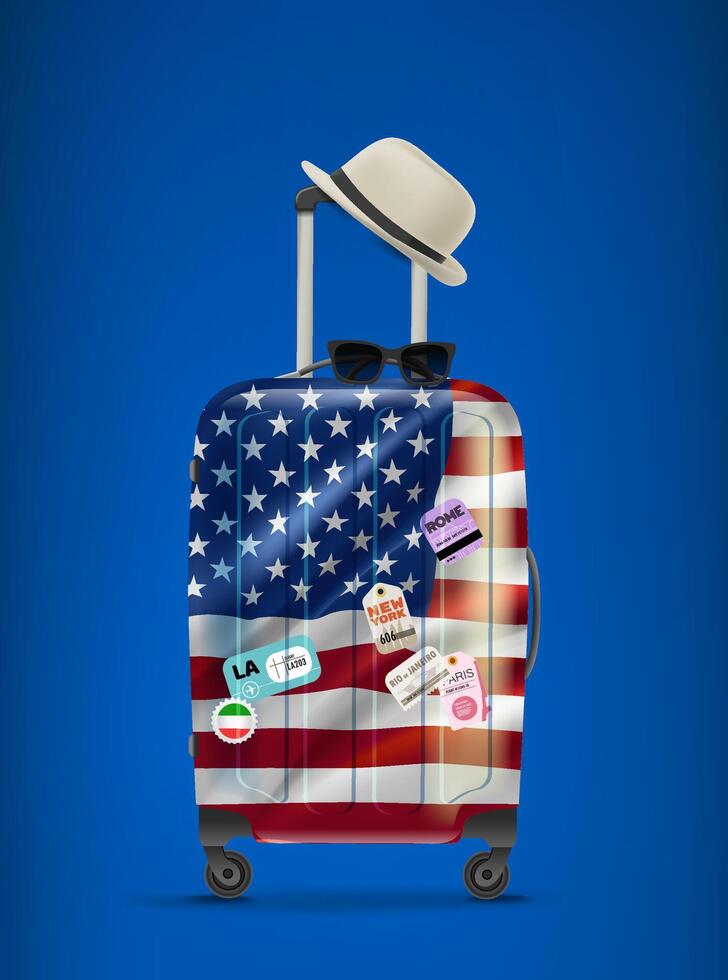 Travel bag with stickers, hat and sunglasses. 3d vertical banner vector