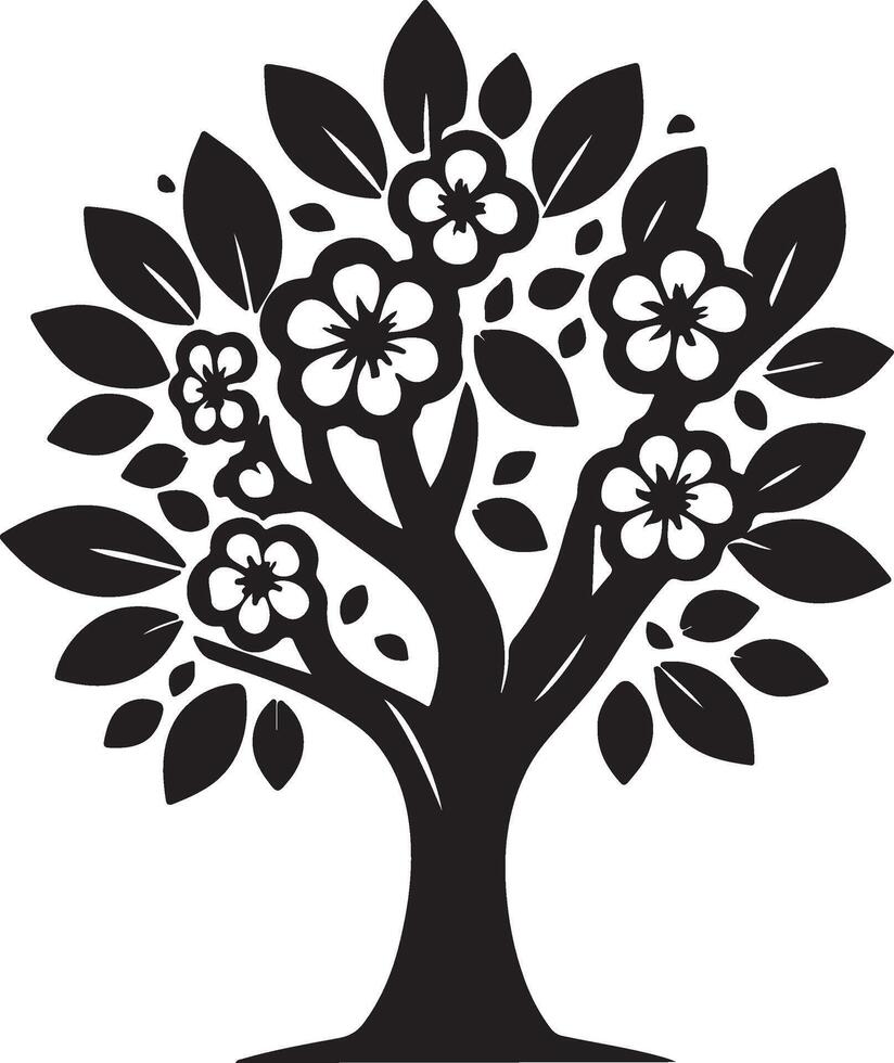Black and white stylized flowering tree design, vector