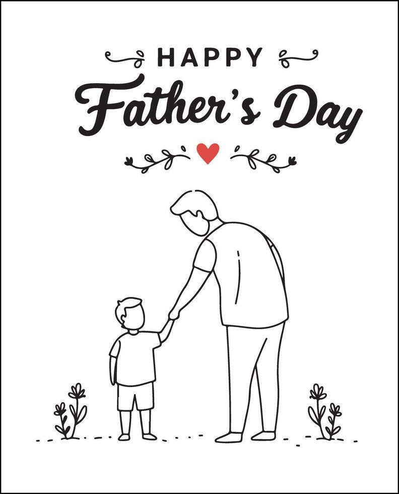 Father and Young Child Walking Hand-in-Hand in Minimalist Black and White Sketch for Emotional Fathers Day Print Design vector