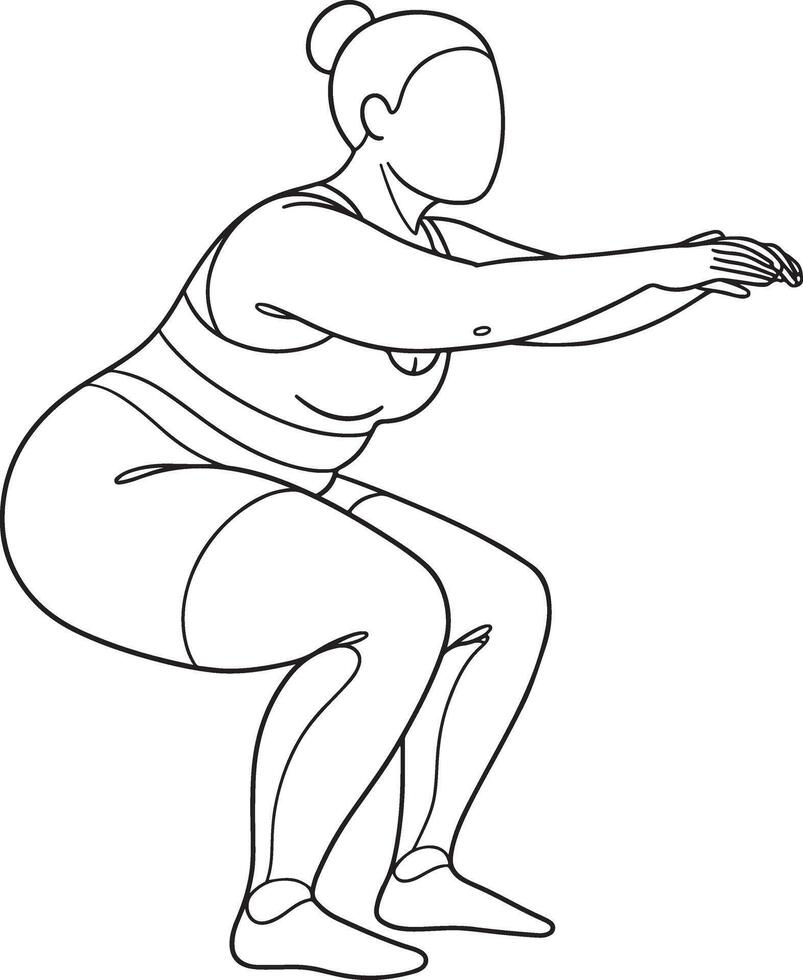 illustration of a plus size woman performing fitness workout exercises with dumbbells promoting body positivity and healthy lifestyle in modern minimal line art style vector