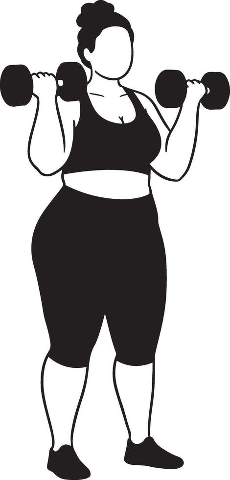 Minimal illustration of a plus size woman lifting dumbbells during home workout promoting strength health and body positivity through inclusive fitness vector