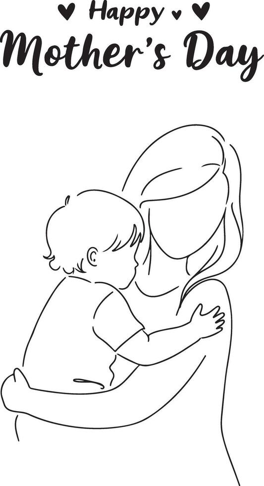 Minimalist illustration of a mother holding her toddler in a warm embrace drawn in clean line art style for modern Mothers Day design use vector
