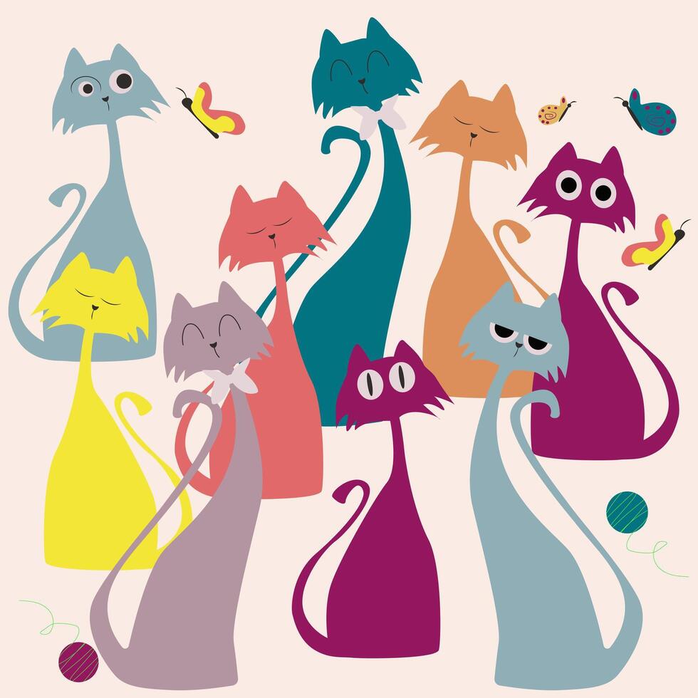 set of illustrations funny domestic cats, Stickers with pets with long necks and funny faces. Graceful cats for stickers, decals. posters, icons, for screensavers, for covers cartoon vector