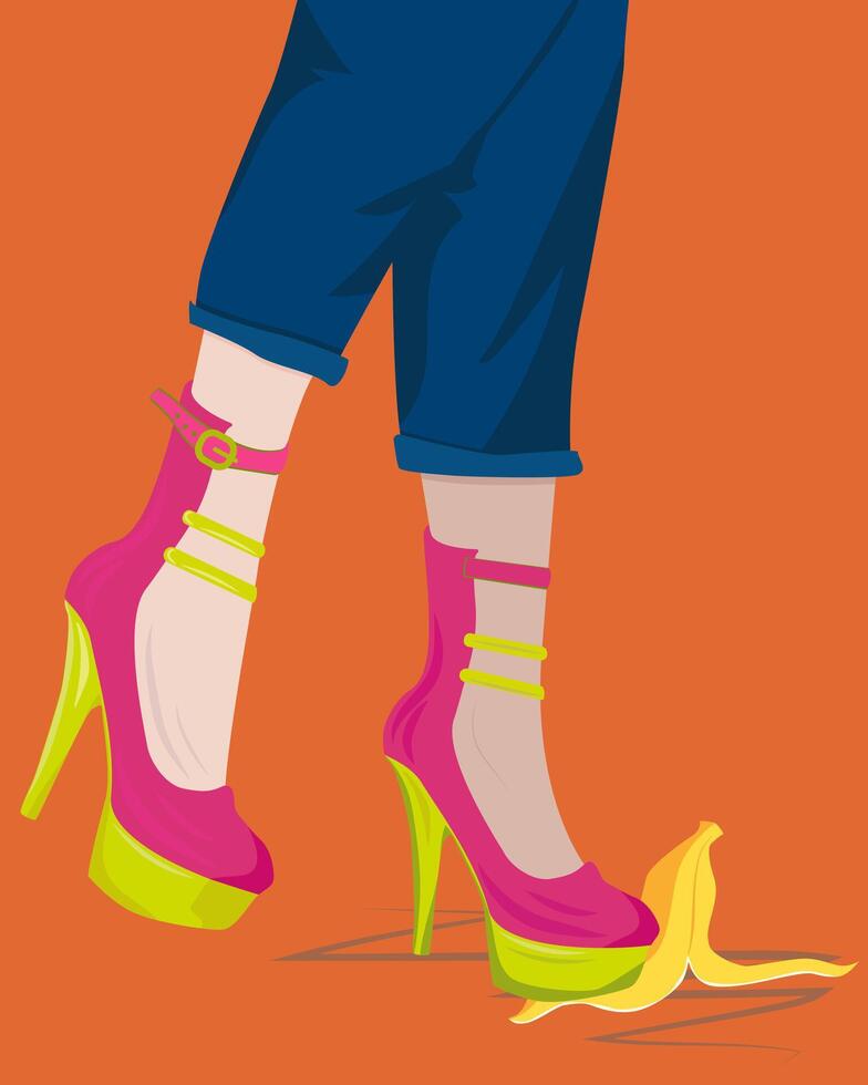 long female legs in high heel shoes. Woman with high-soled sandals. pink shoes on feet, standing on banana peel. picture for cover, wallpaper, poster, shoes, banana, banana peel. Funny pictures vector