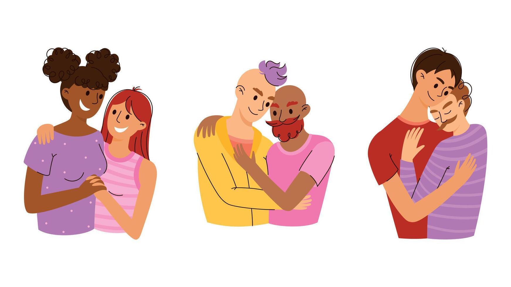 Set of 3 Homosexual Hugging Couples in Romantic Relationship. Happy and Smiling Gay, Lesbian, and Queer People Falling in Love. Love Is Love LGBTQA Illustration for Equality and Inclusion vector