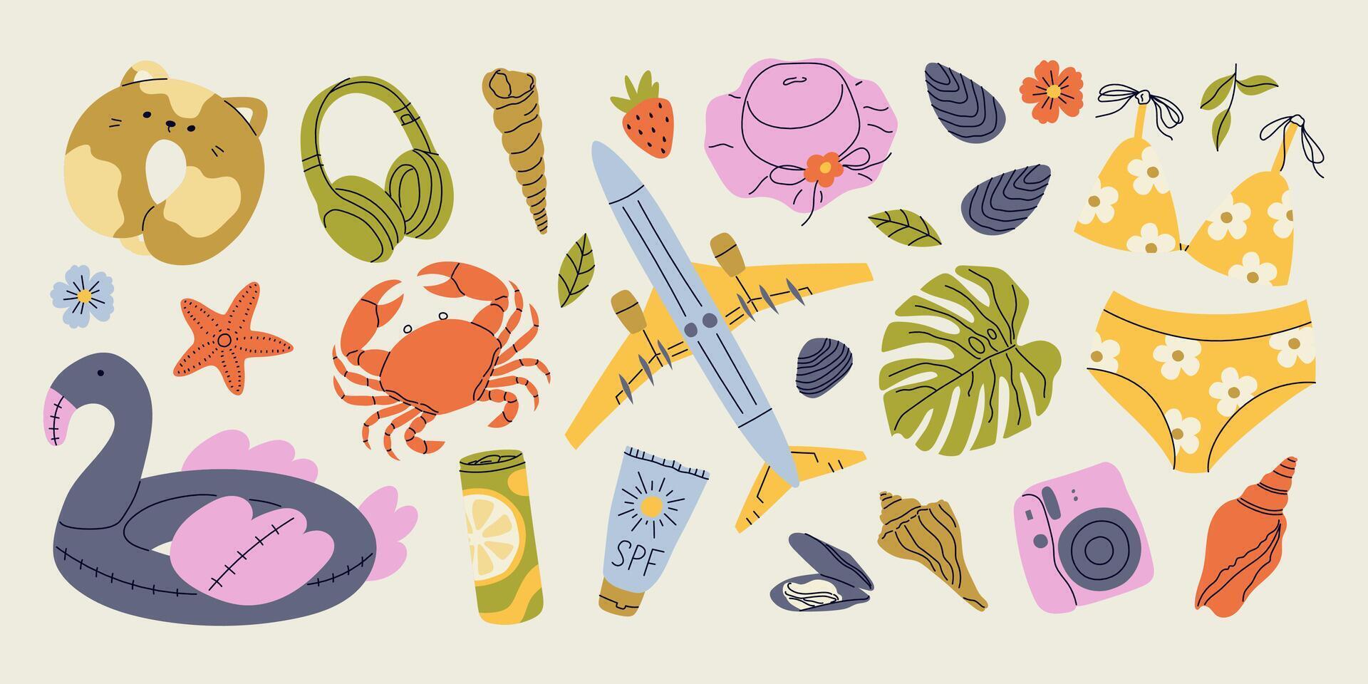 Cute Summer Stickers Set for daily planner. Collection of scrapbooking elements for beach party. Tropical vacation. vector