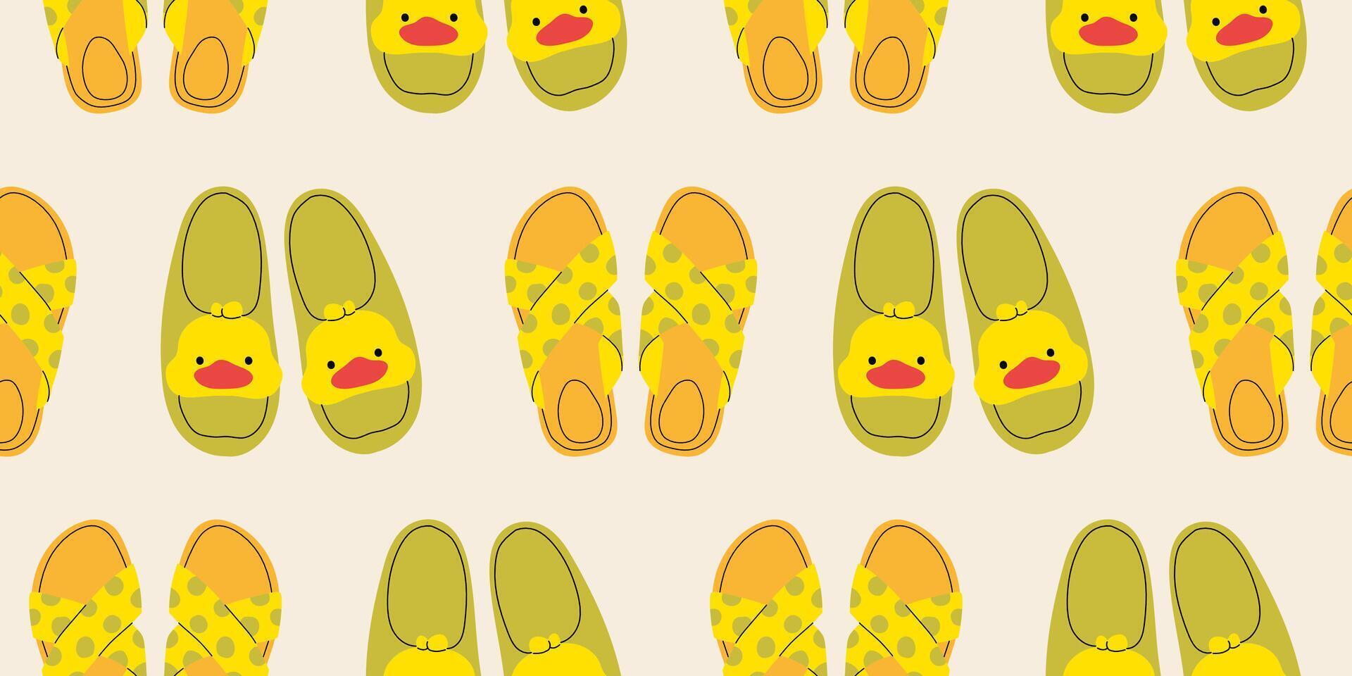Seamless pattern with different summer cute slippers. Endless texture with fashionable and stylish home shoes for printing. Colored flat illustration. vector