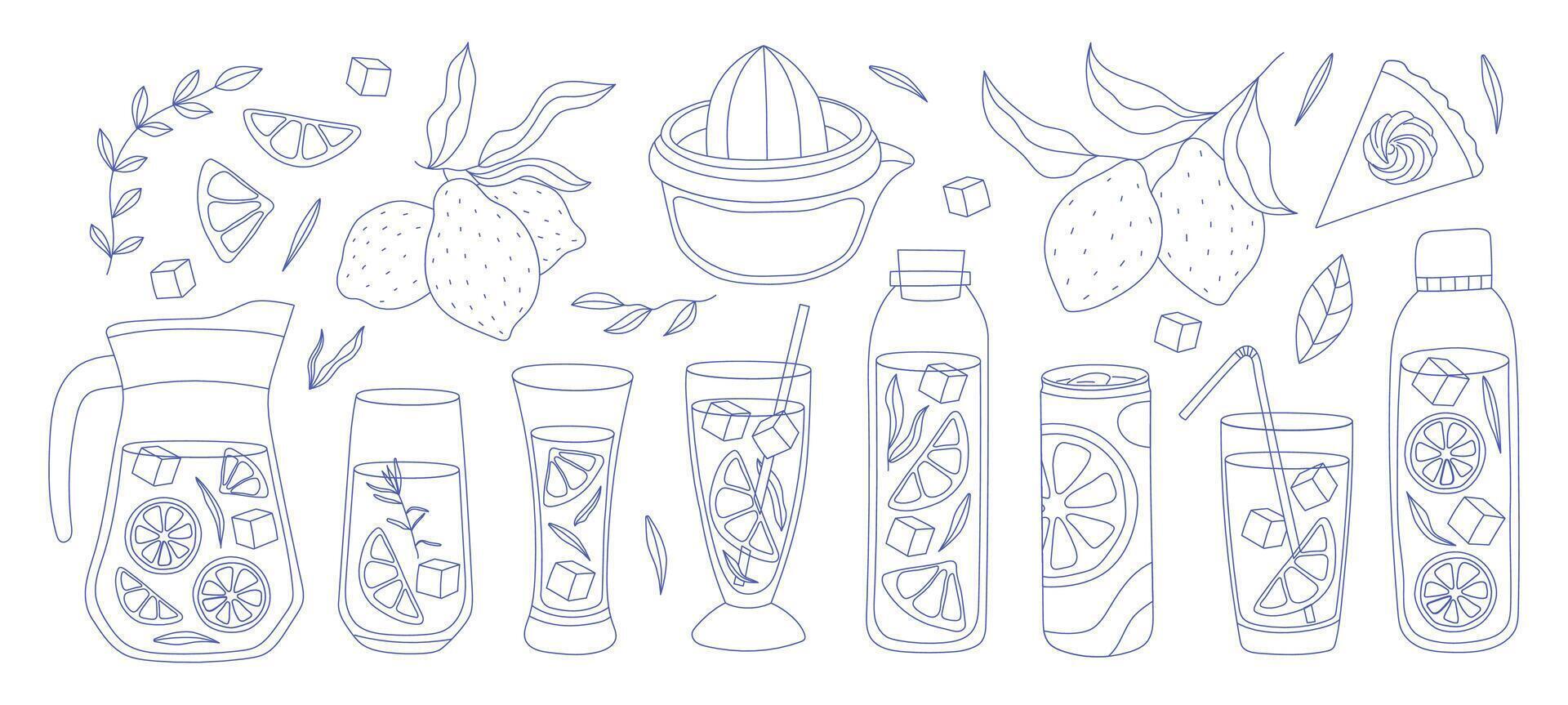 Set of lemonade elements, lemon, ice, straw. Slice lemon, whole, half. Glass, pitcher, jar, jug, bottle. element of smoothie lemonade fresh juice detox in flat cartoon style illustration vector